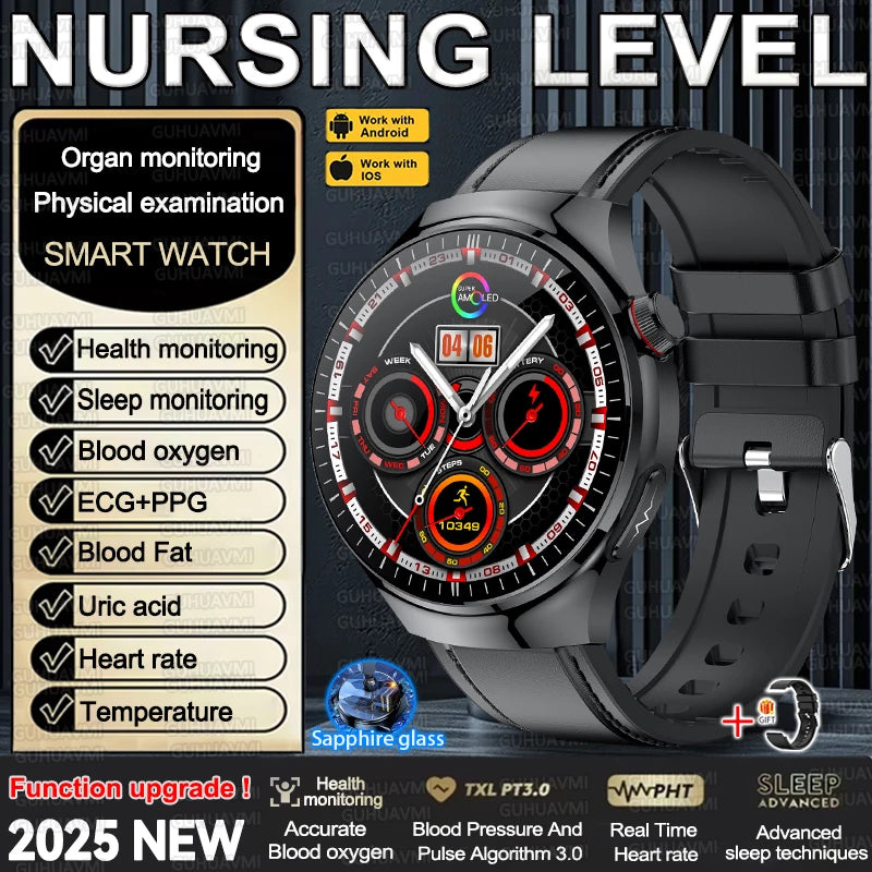 2025 New Nursing Grade Smart Watch Accurate Blood pressure Blood fat Uric Acid ECG+PPG HD Bluetooth Call Health Smart watch Men