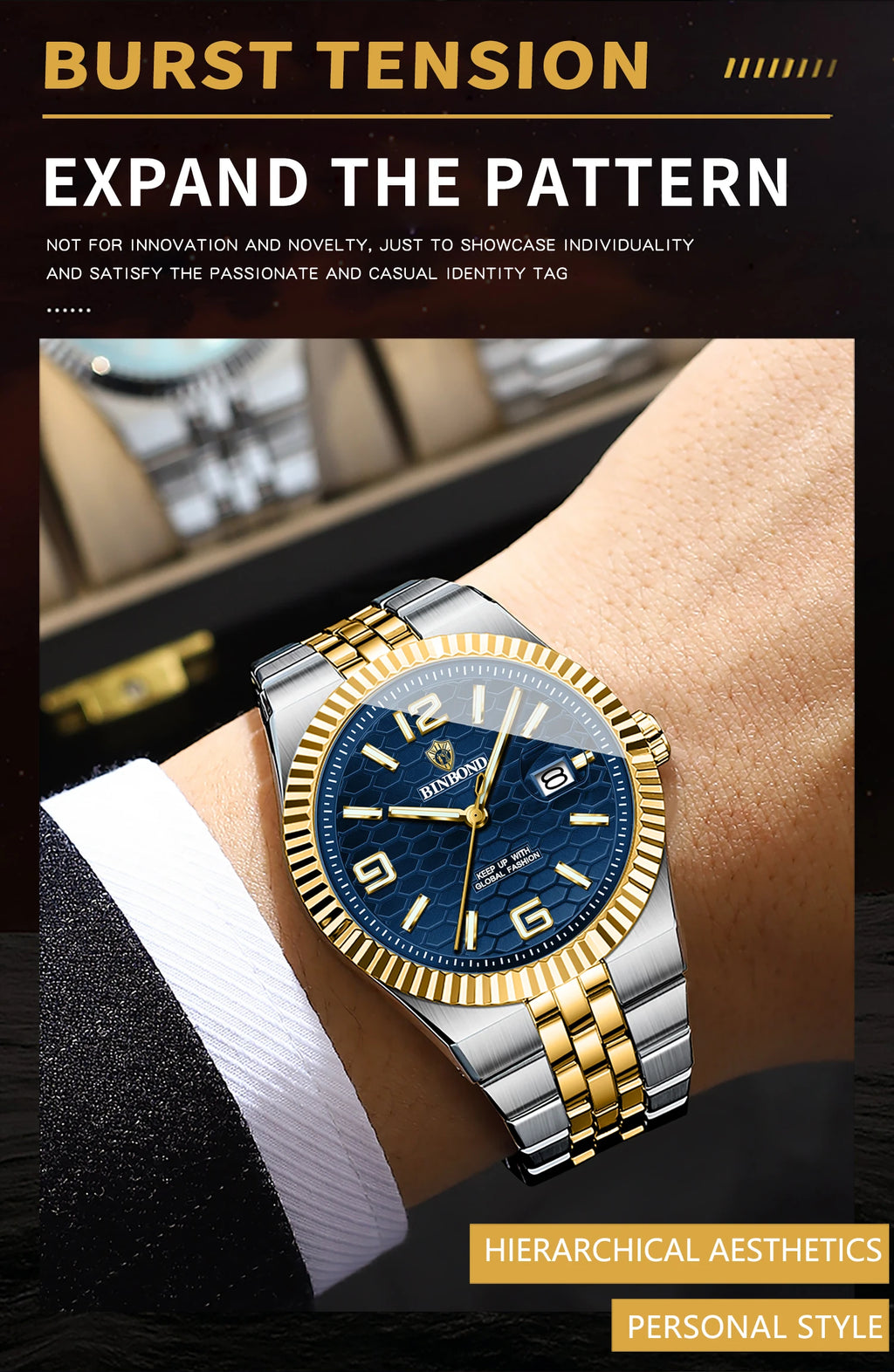 BINBOND Men's Quartz Watch Classic Style Waterproof Luminous Date Display Stainless Steel Wristwatch For Male