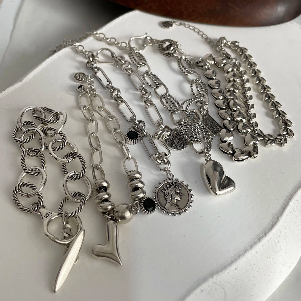 100% Solid 925 Sterling Silver Metal Bracelet for Women Vintage Handmade Simple Retro Heart Chain Bracelet Birthday Gift Party