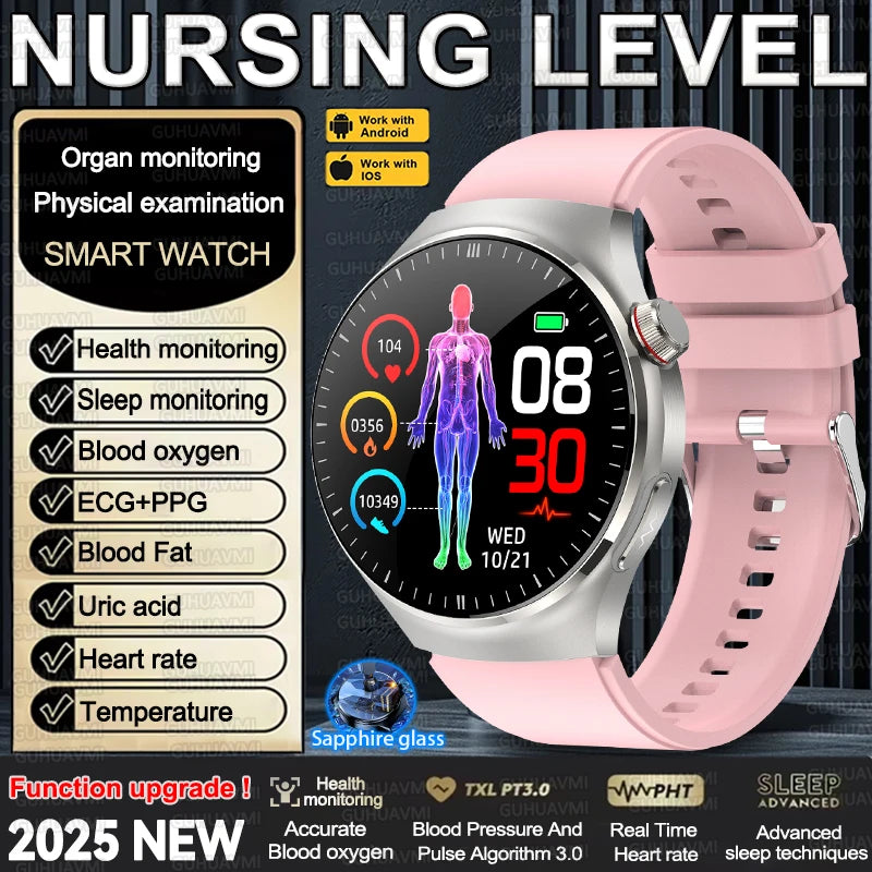 2025 New Nursing Grade Smart Watch Accurate Blood pressure Blood fat Uric Acid ECG+PPG HD Bluetooth Call Health Smart watch Men