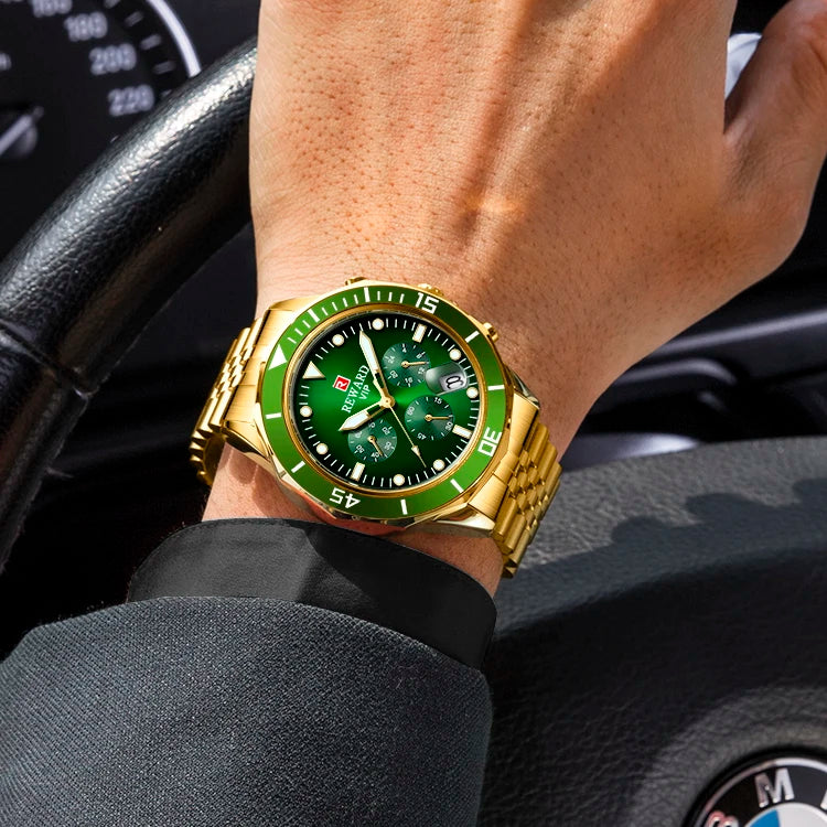 REWARD Gold Green Men's Watches Stainless Steel Band Fashion Business Quartz Watch Relogio Masculino Wristwatch For Men Gift