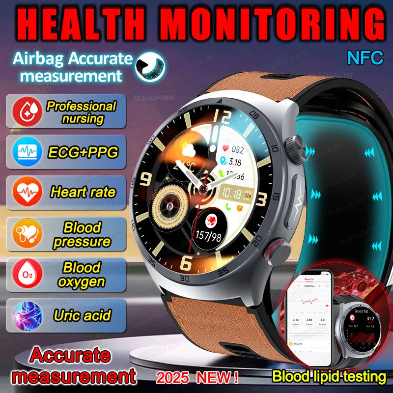 New AI Diagosis ECG Health Smart Watch Men Blood Pressure Lipid Uric Acid NFC Air Pump Airbag Health Smartwatches For men Women