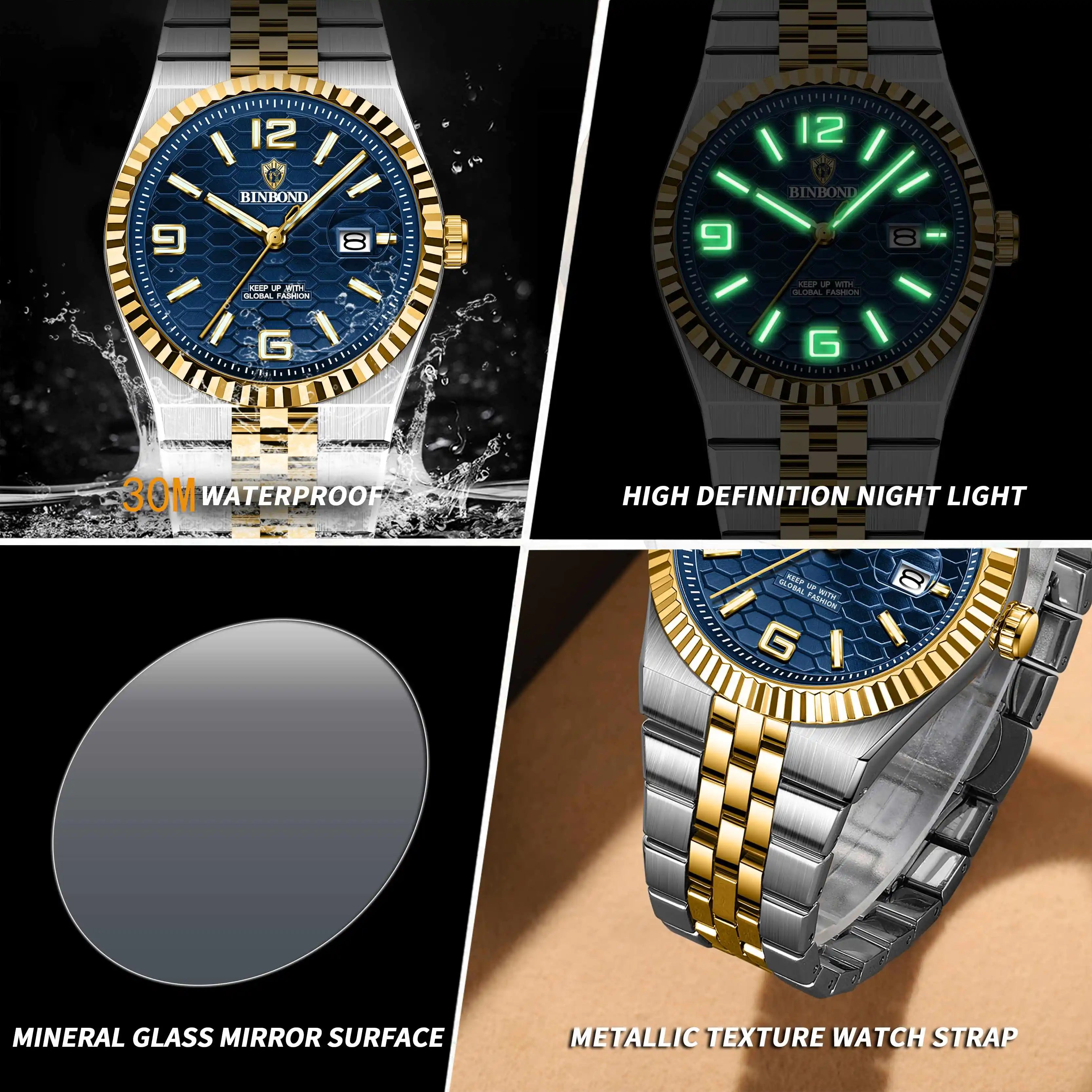 BINBOND Men's Quartz Watch Classic Style Waterproof Luminous Date Display Stainless Steel Wristwatch For Male