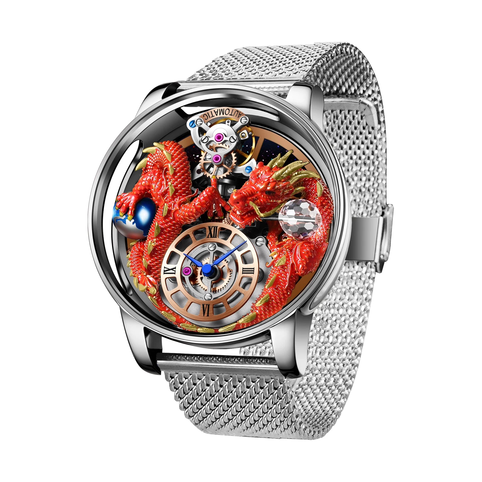 2024 PINDU New Men's Watch Traditional Handmade Dragon Quartz Watch Curved Mirror Fully Transparent Design Watch+Box