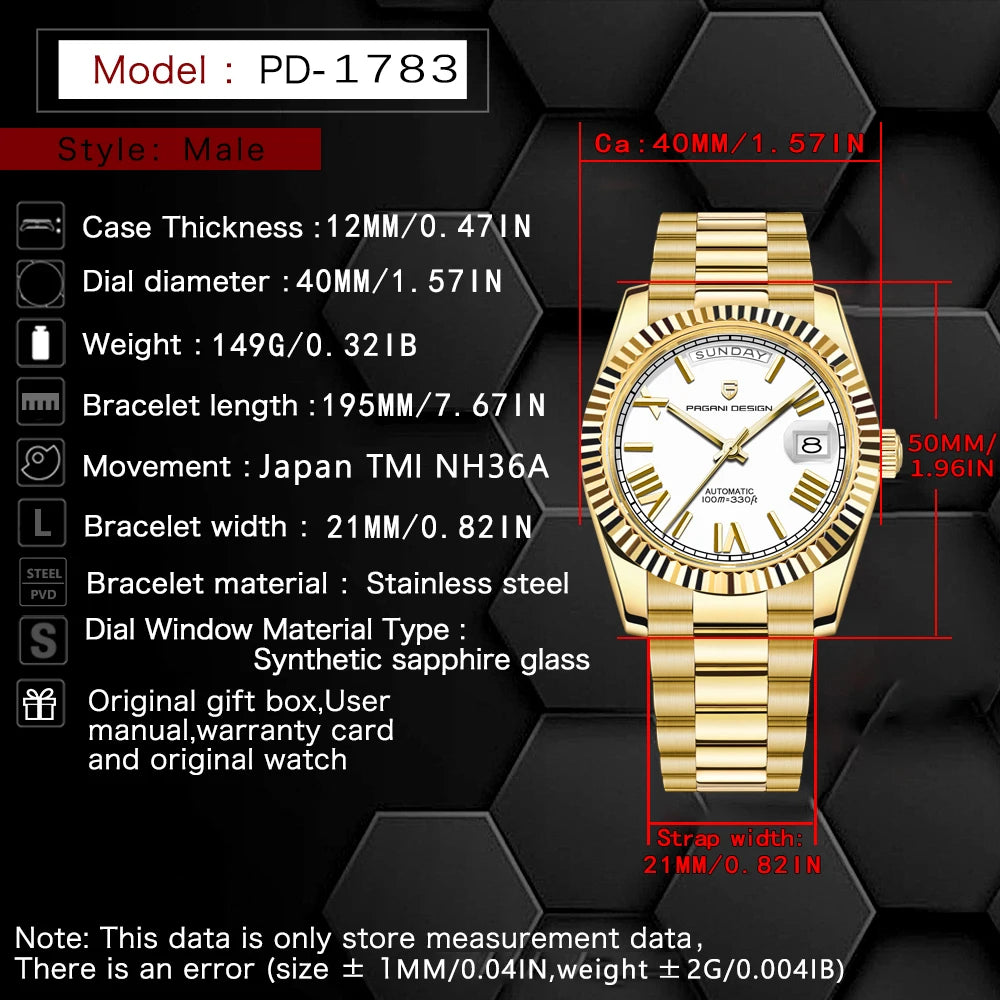 PAGANI DESIGN DD40 Gold Men's Watches Luxury Automatic Watch Fo Men Mechanical Wristwatch AR Sapphire Sports Date Man Gift Clock