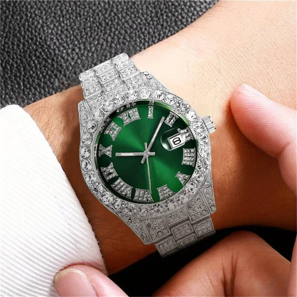 Mens Hip Hop Watch VintagInspired Retro Quartz Timepiece with Oversized Rhinestone Dial and Durable Stainless Steel Band for Men