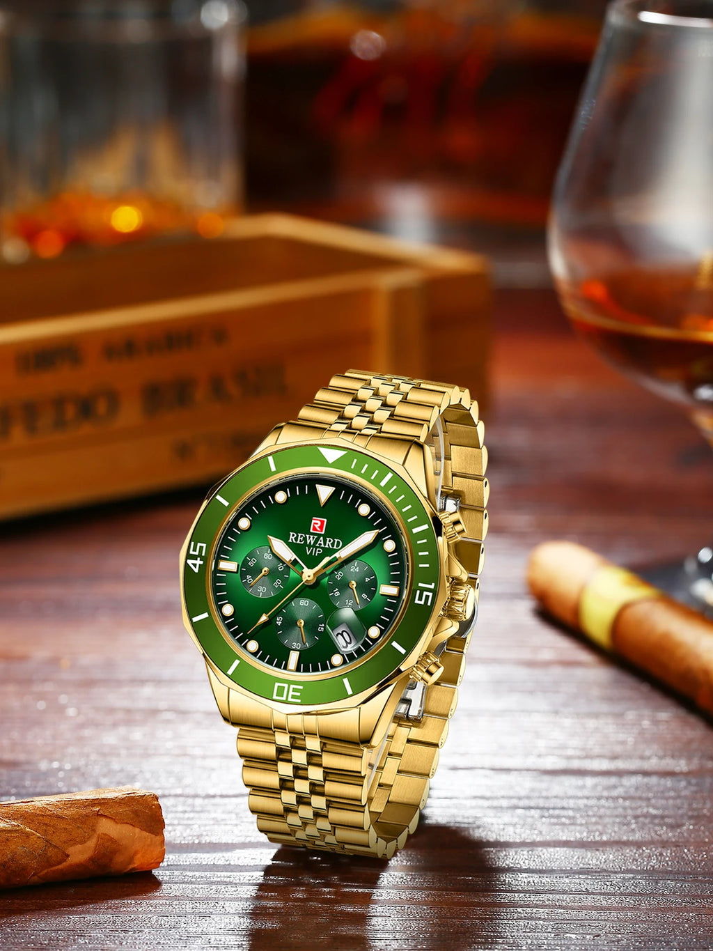 REWARD Gold Green Men's Watches Stainless Steel Band Fashion Business Quartz Watch Relogio Masculino Wristwatch For Men Gift