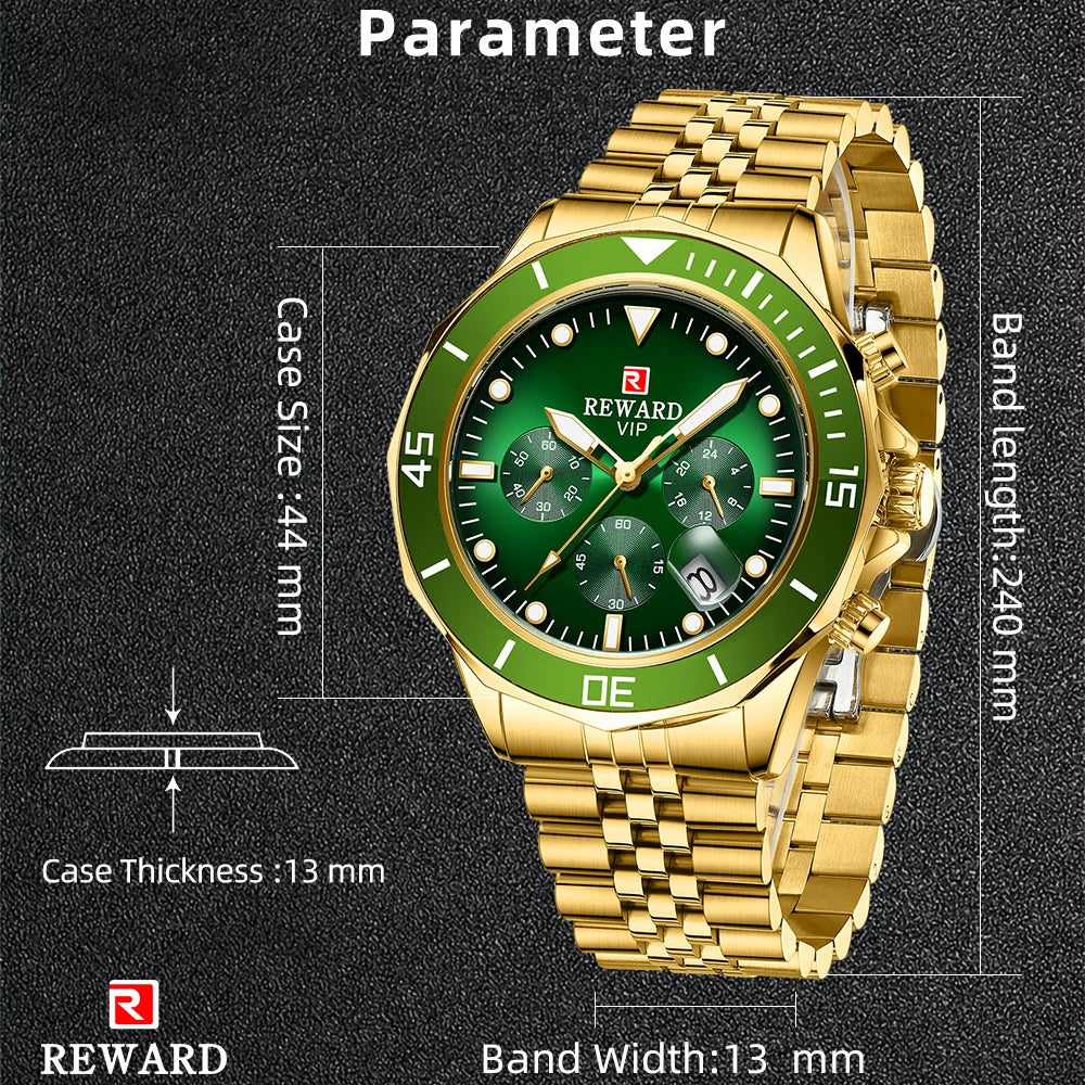 REWARD Gold Green Men's Watches Stainless Steel Band Fashion Business Quartz Watch Relogio Masculino Wristwatch For Men Gift