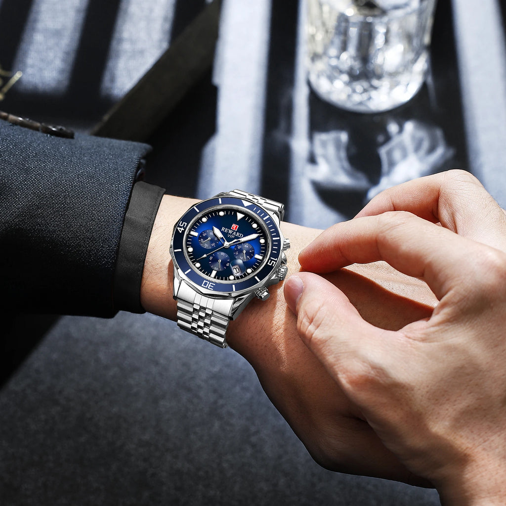 REWARD Gold Green Men's Watches Stainless Steel Band Fashion Business Quartz Watch Relogio Masculino Wristwatch For Men Gift