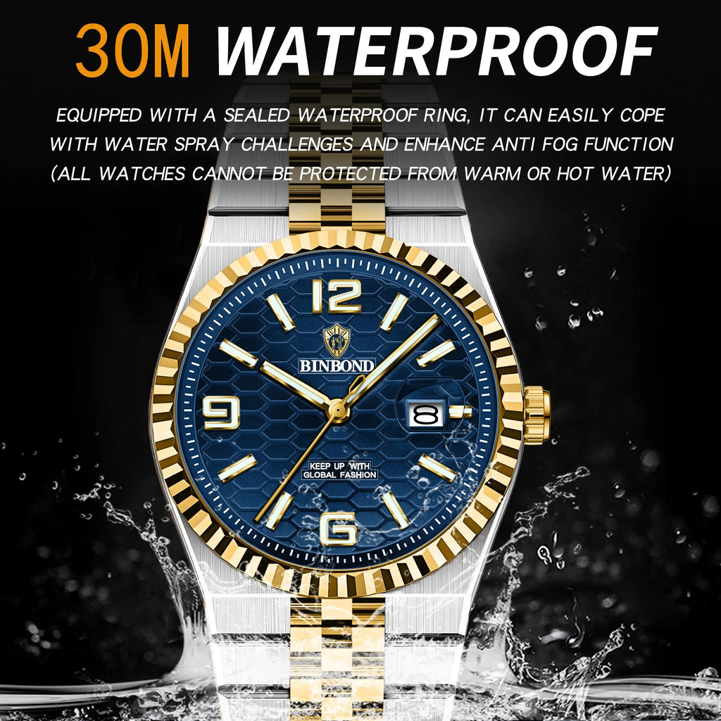 BINBOND Men's Quartz Watch Classic Style Waterproof Luminous Date Display Stainless Steel Wristwatch For Male