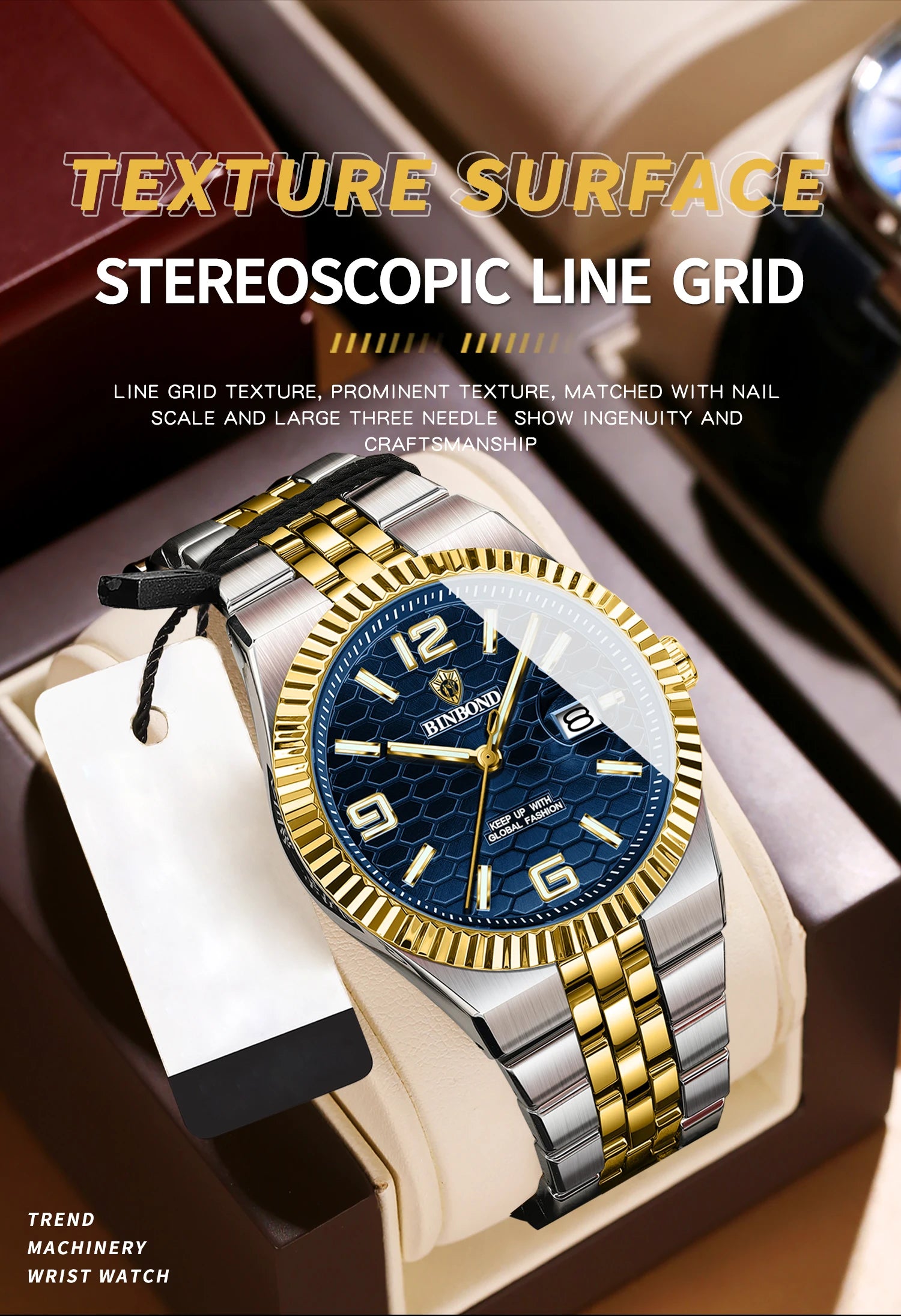 BINBOND Men's Quartz Watch Classic Style Waterproof Luminous Date Display Stainless Steel Wristwatch For Male