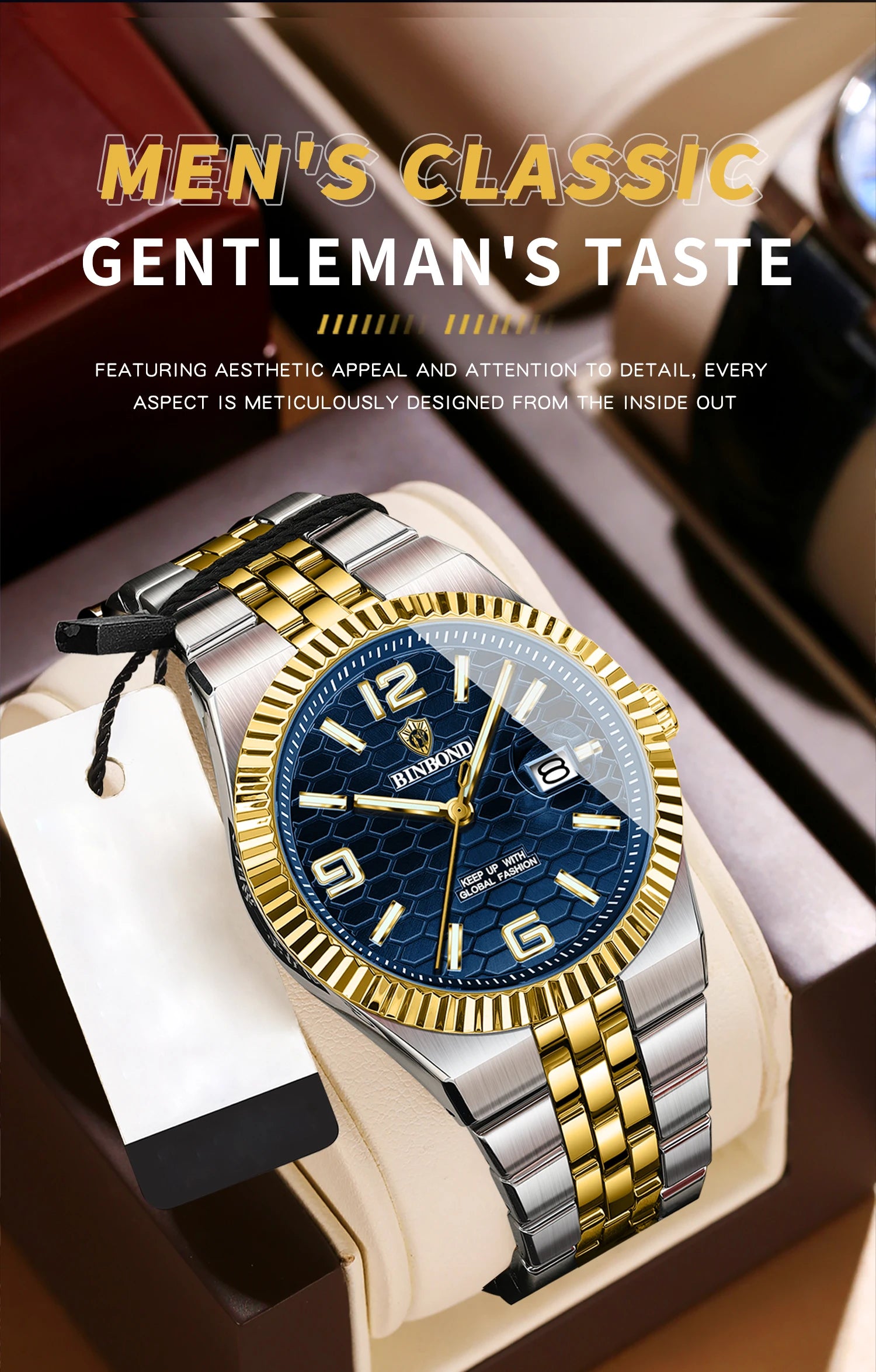 BINBOND Men's Quartz Watch Classic Style Waterproof Luminous Date Display Stainless Steel Wristwatch For Male