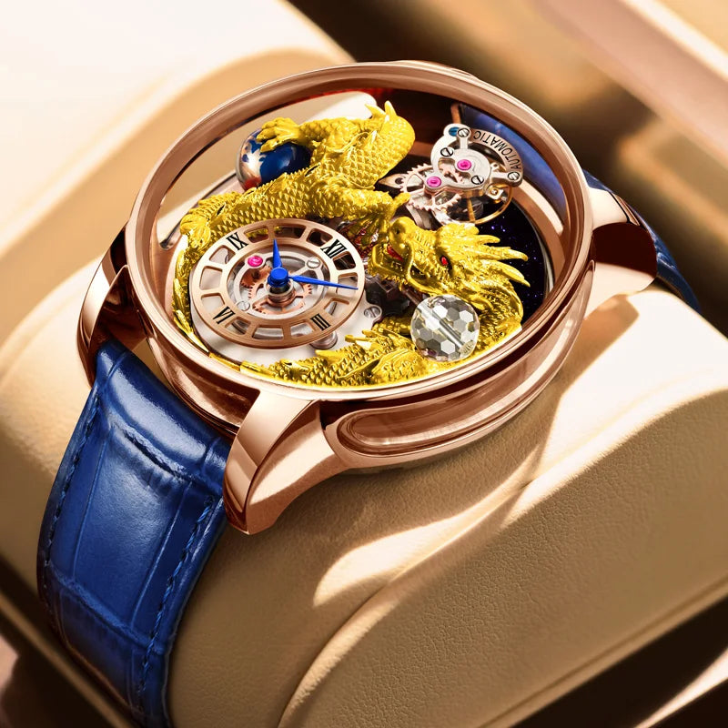 2024 PINDU New Men's Watch Traditional Handmade Dragon Quartz Watch Curved Mirror Fully Transparent Design Watch+Box