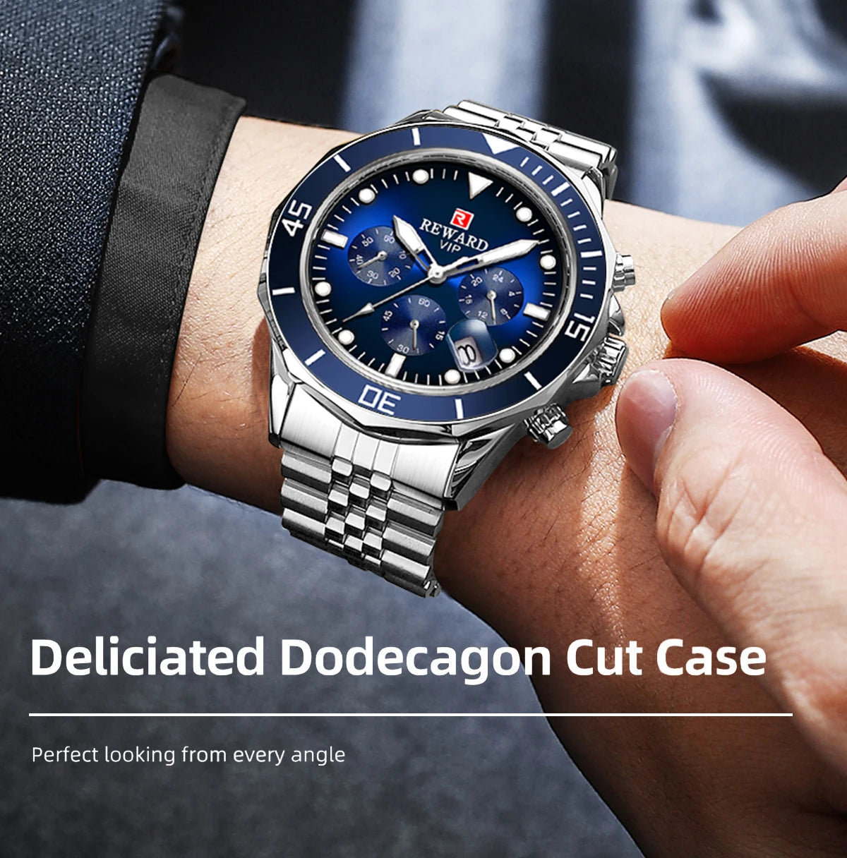 REWARD Gold Green Men's Watches Stainless Steel Band Fashion Business Quartz Watch Relogio Masculino Wristwatch For Men Gift