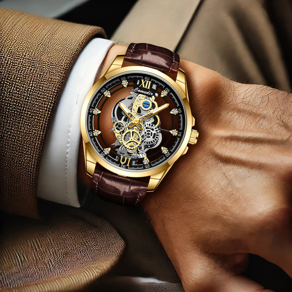 New Men's Watch with Golden Brown Belt, Fashionable and Handsome Style, Gear Hollow Luminous Quartz Watch