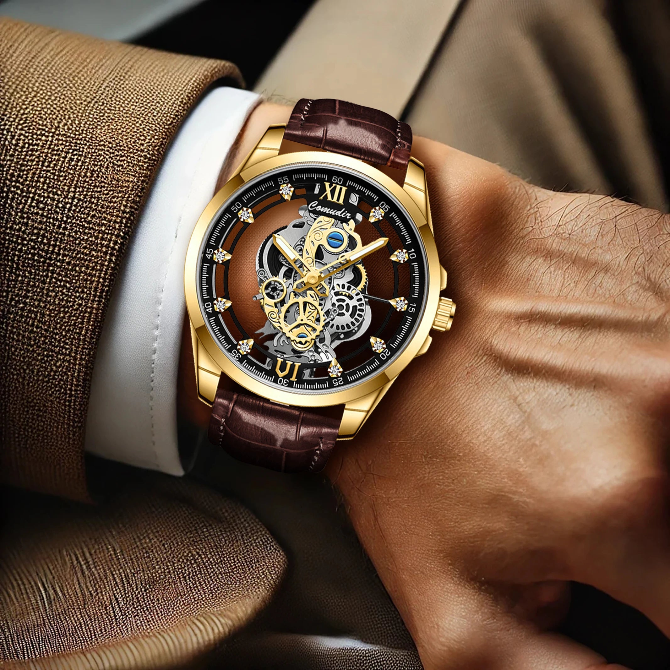 New Men's Watch with Golden Brown Belt, Fashionable and Handsome Style, Gear Hollow Luminous Quartz Watch