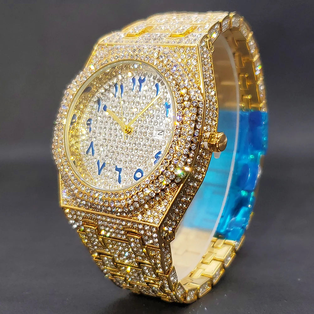 Gold Watch For Men Full Diamond Hip Hop Iced Out Men's Watches Blue Number Calendar Waterproof Octagonal Luxury Wristwatches