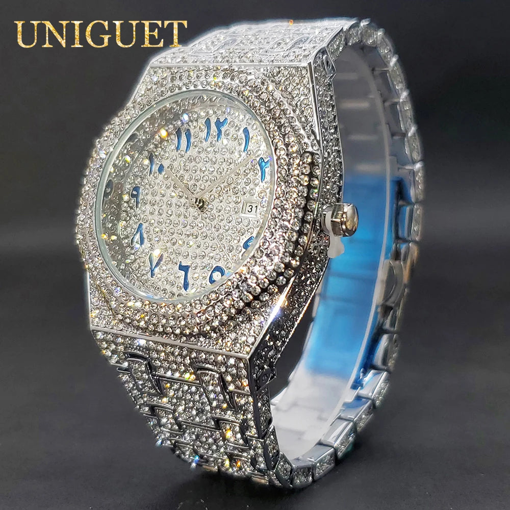 Gold Watch For Men Full Diamond Hip Hop Iced Out Men's Watches Blue Number Calendar Waterproof Octagonal Luxury Wristwatches