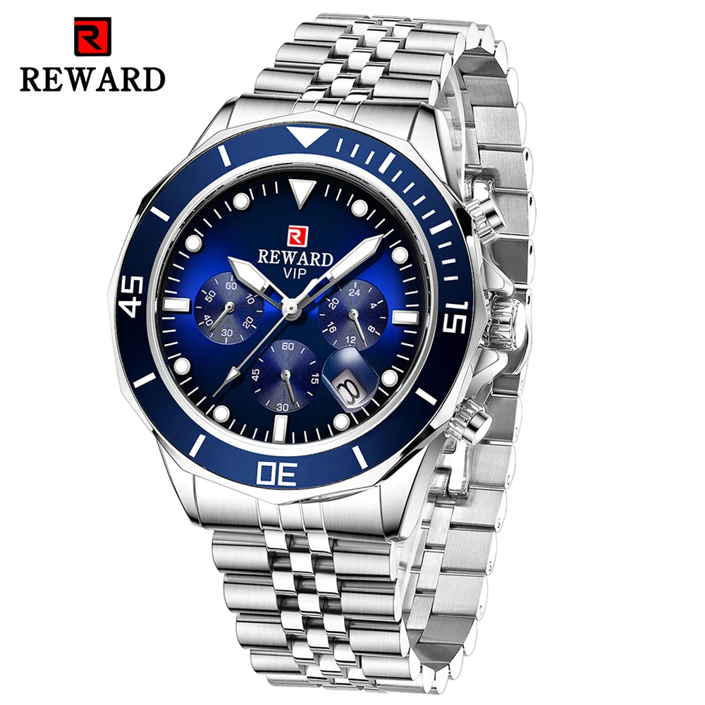 REWARD Gold Green Men's Watches Stainless Steel Band Fashion Business Quartz Watch Relogio Masculino Wristwatch For Men Gift