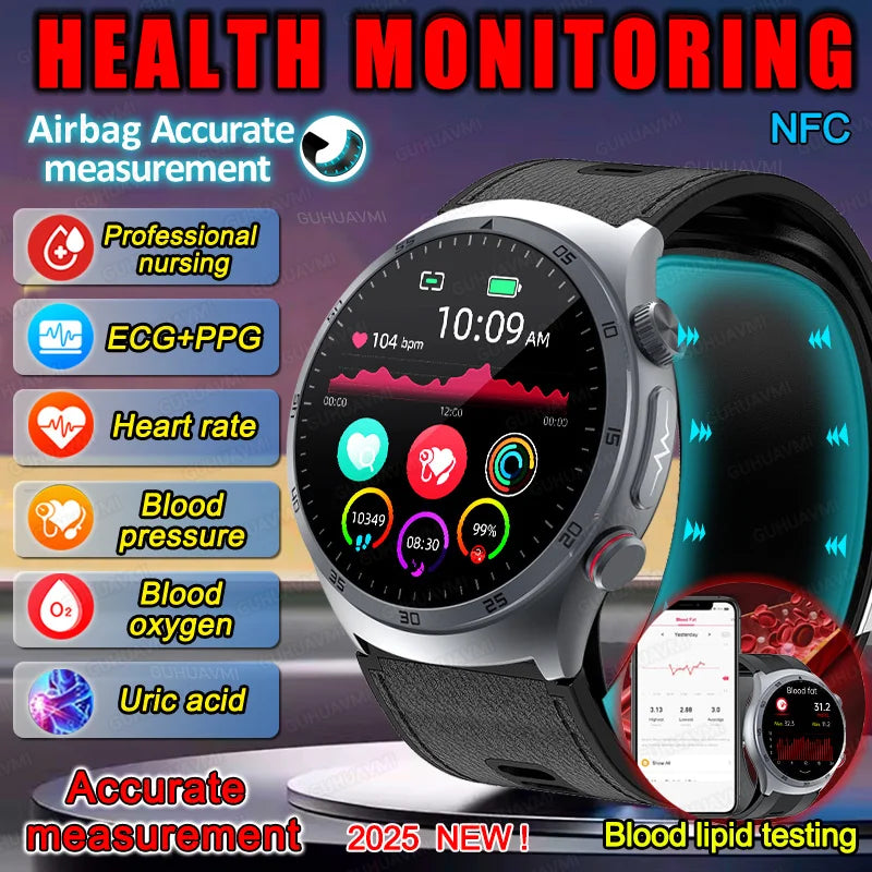 New AI Diagosis ECG Health Smart Watch Men Blood Pressure Lipid Uric Acid NFC Air Pump Airbag Health Smartwatches For men Women