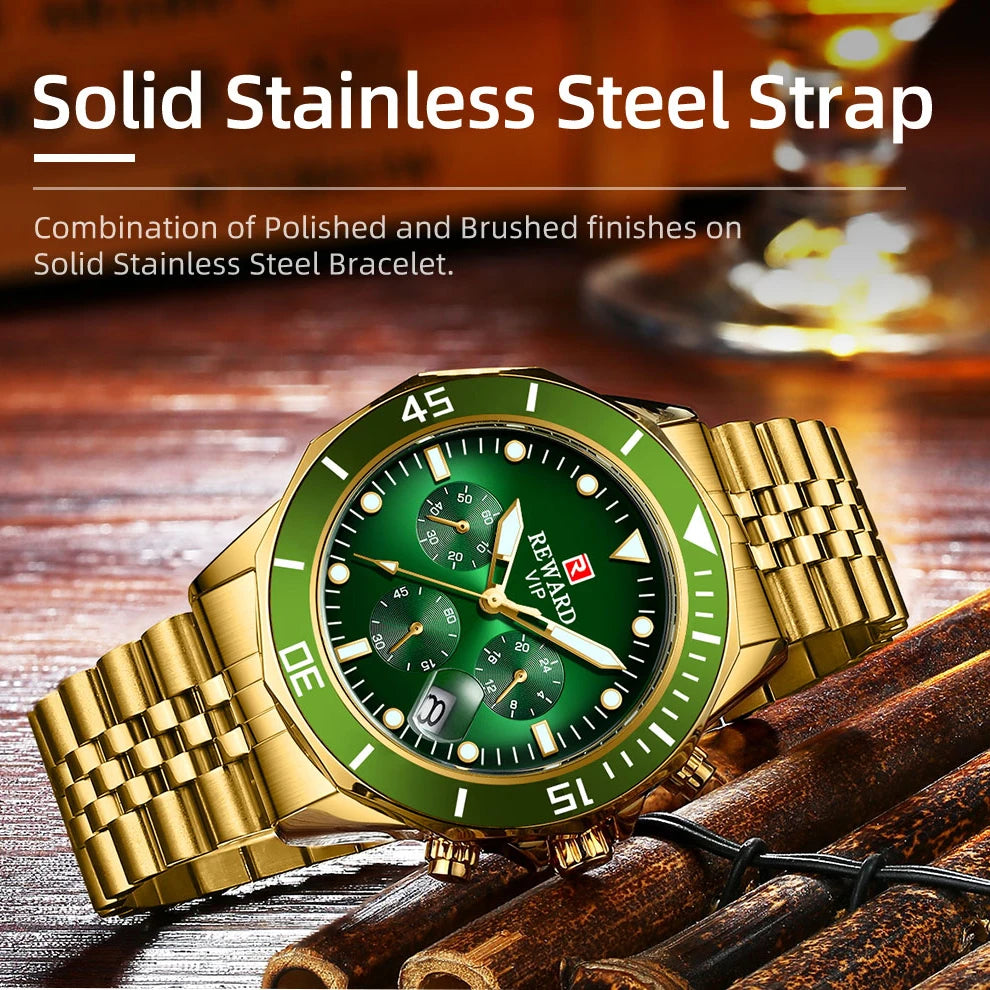 REWARD Gold Green Men's Watches Stainless Steel Band Fashion Business Quartz Watch Relogio Masculino Wristwatch For Men Gift