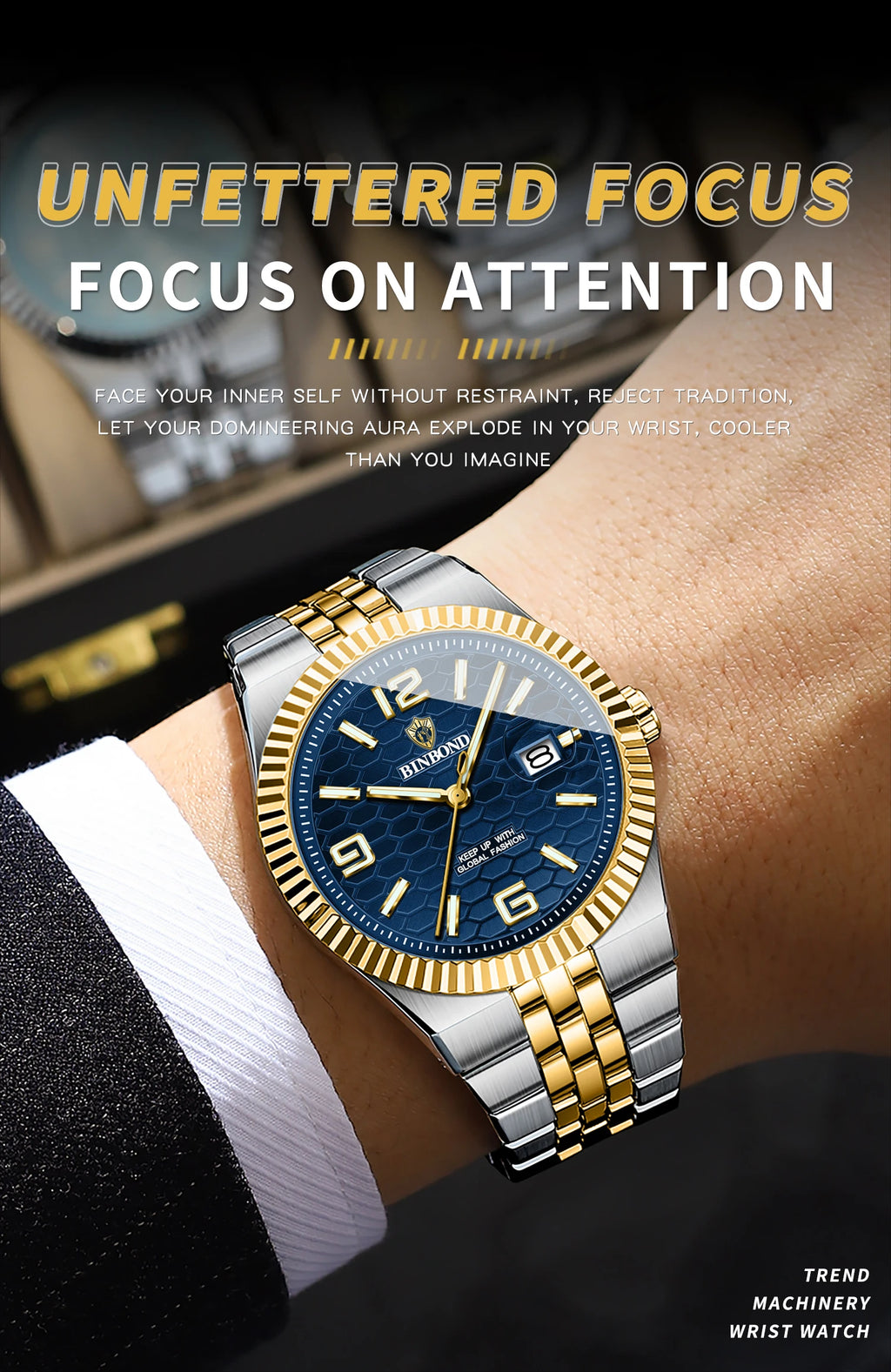 BINBOND Men's Quartz Watch Classic Style Waterproof Luminous Date Display Stainless Steel Wristwatch For Male