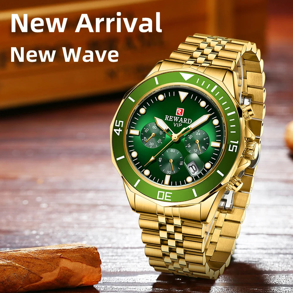 REWARD Gold Green Men's Watches Stainless Steel Band Fashion Business Quartz Watch Relogio Masculino Wristwatch For Men Gift