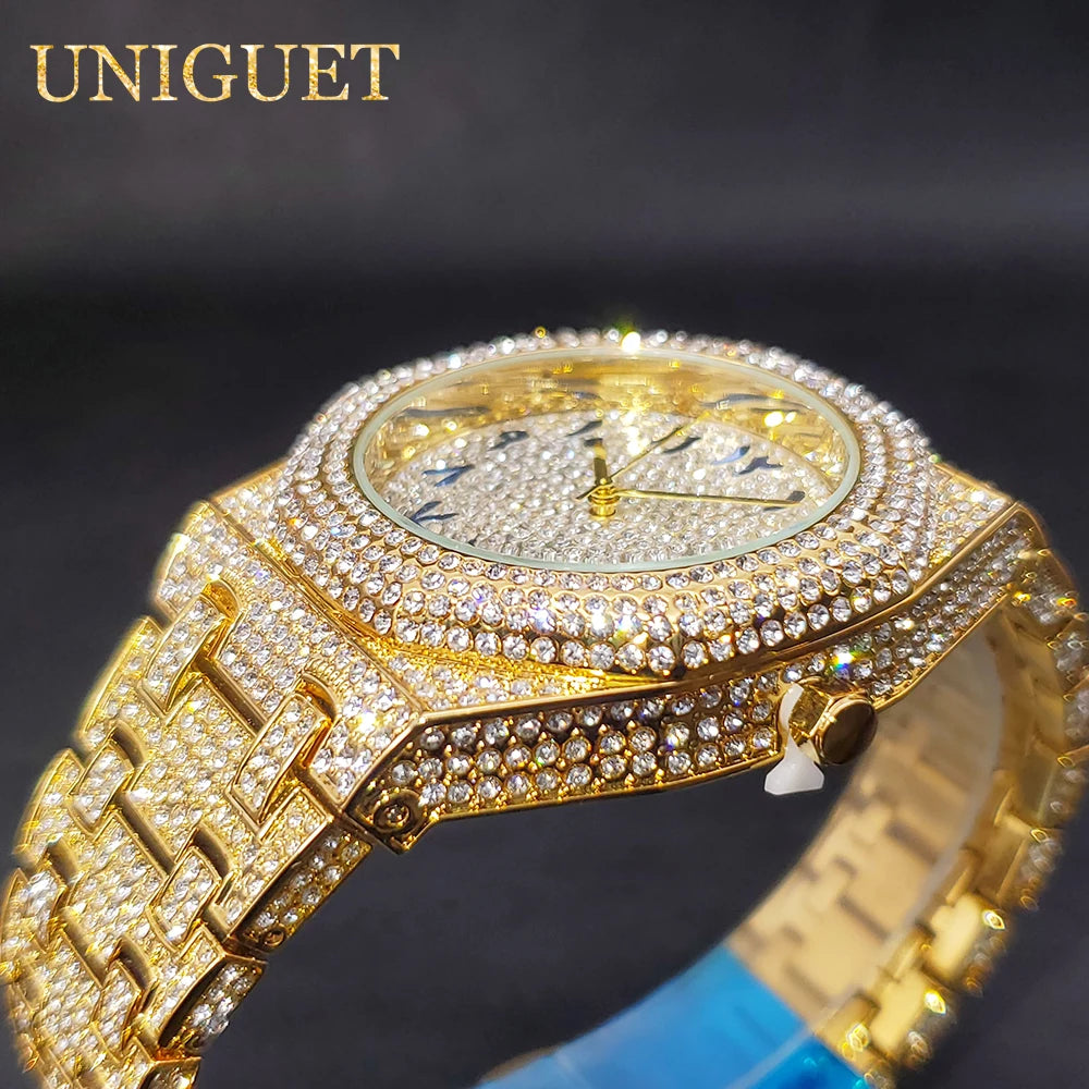 Gold Watch For Men Full Diamond Hip Hop Iced Out Men's Watches Blue Number Calendar Waterproof Octagonal Luxury Wristwatches