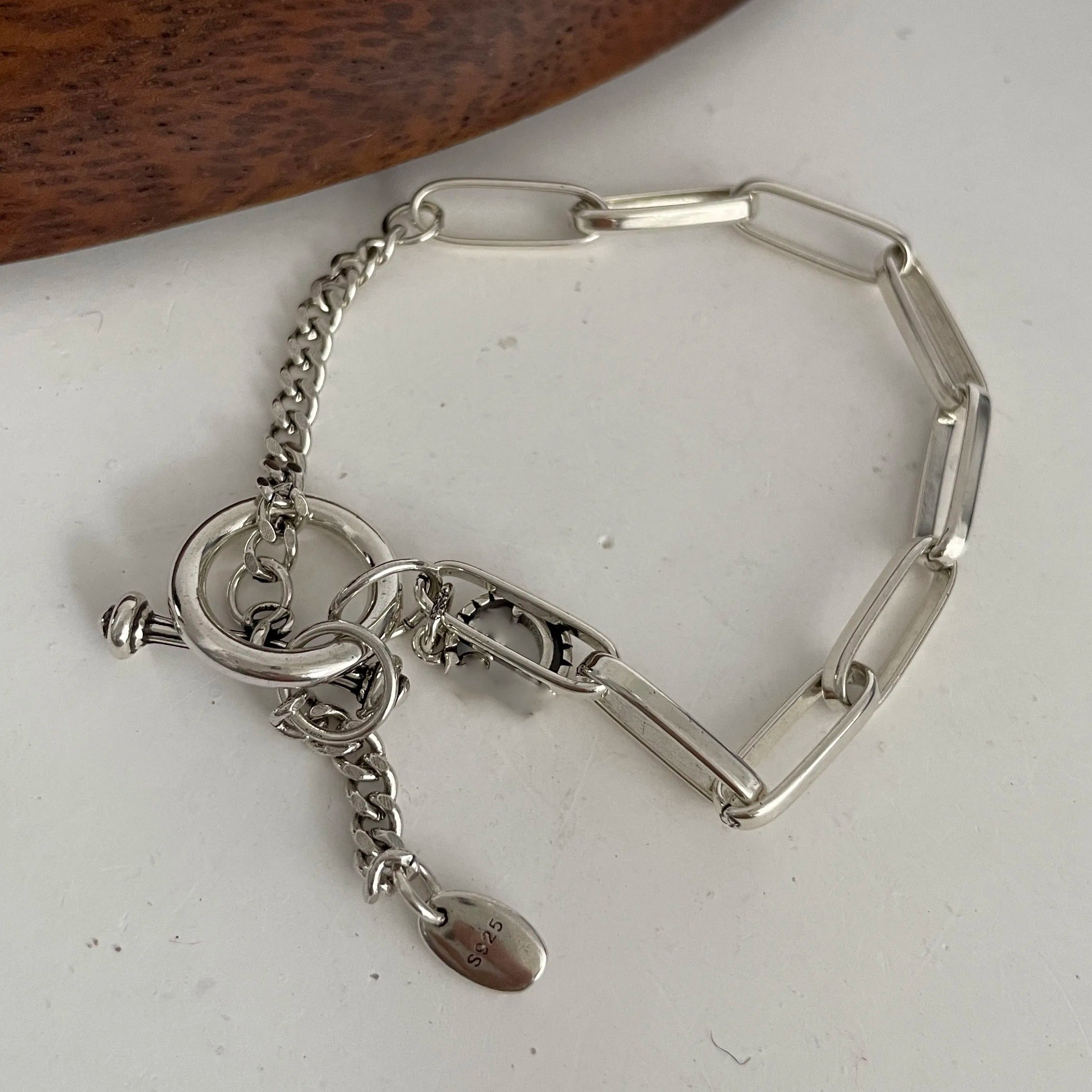 100% Solid 925 Sterling Silver Metal Bracelet for Women Vintage Handmade Simple Retro Heart Chain Bracelet Birthday Gift Party