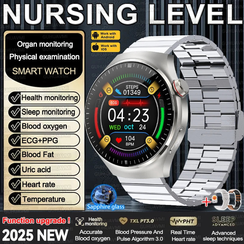 2025 New Nursing Grade Smart Watch Accurate Blood pressure Blood fat Uric Acid ECG+PPG HD Bluetooth Call Health Smart watch Men