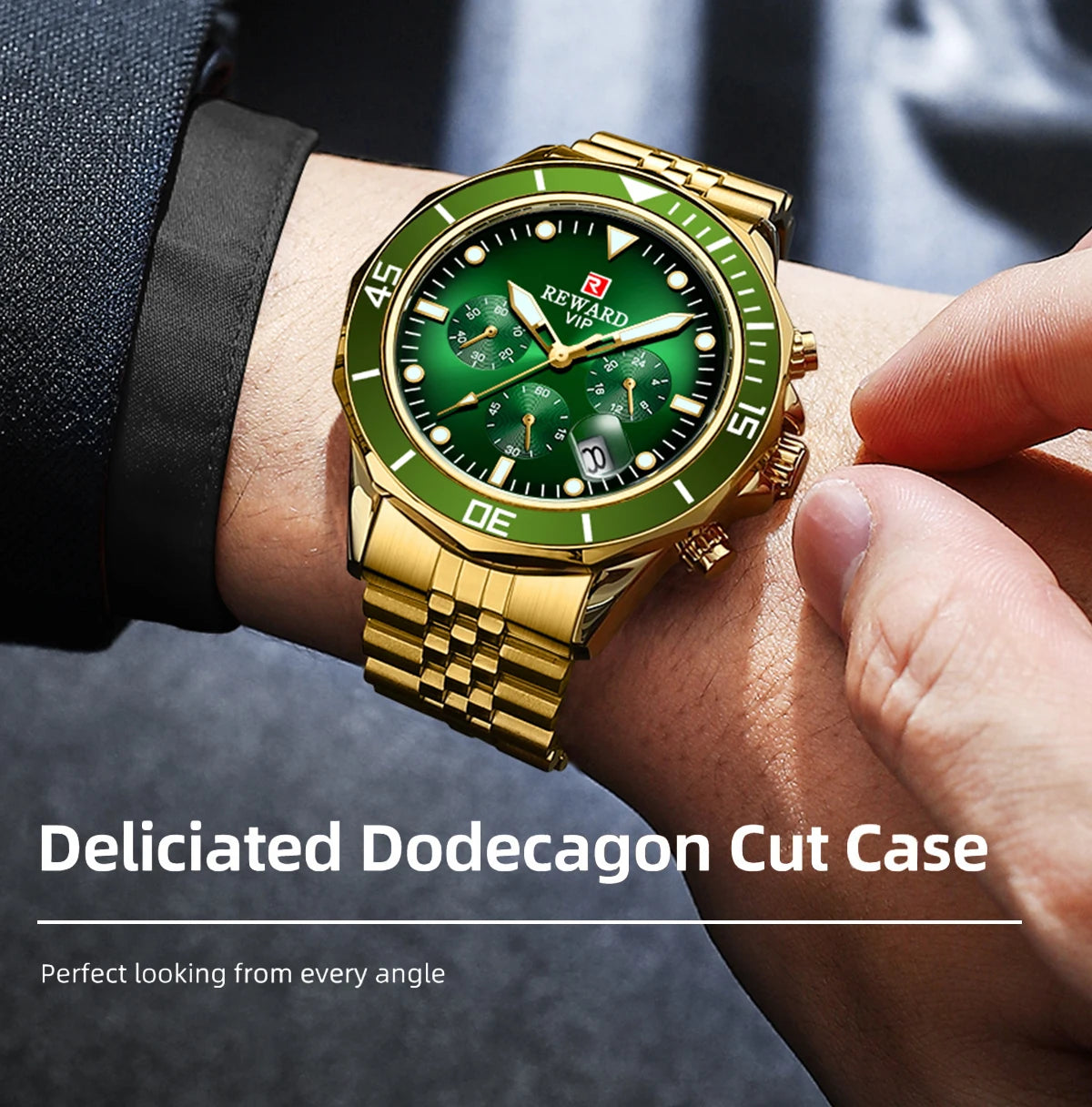 REWARD Gold Green Men's Watches Stainless Steel Band Fashion Business Quartz Watch Relogio Masculino Wristwatch For Men Gift