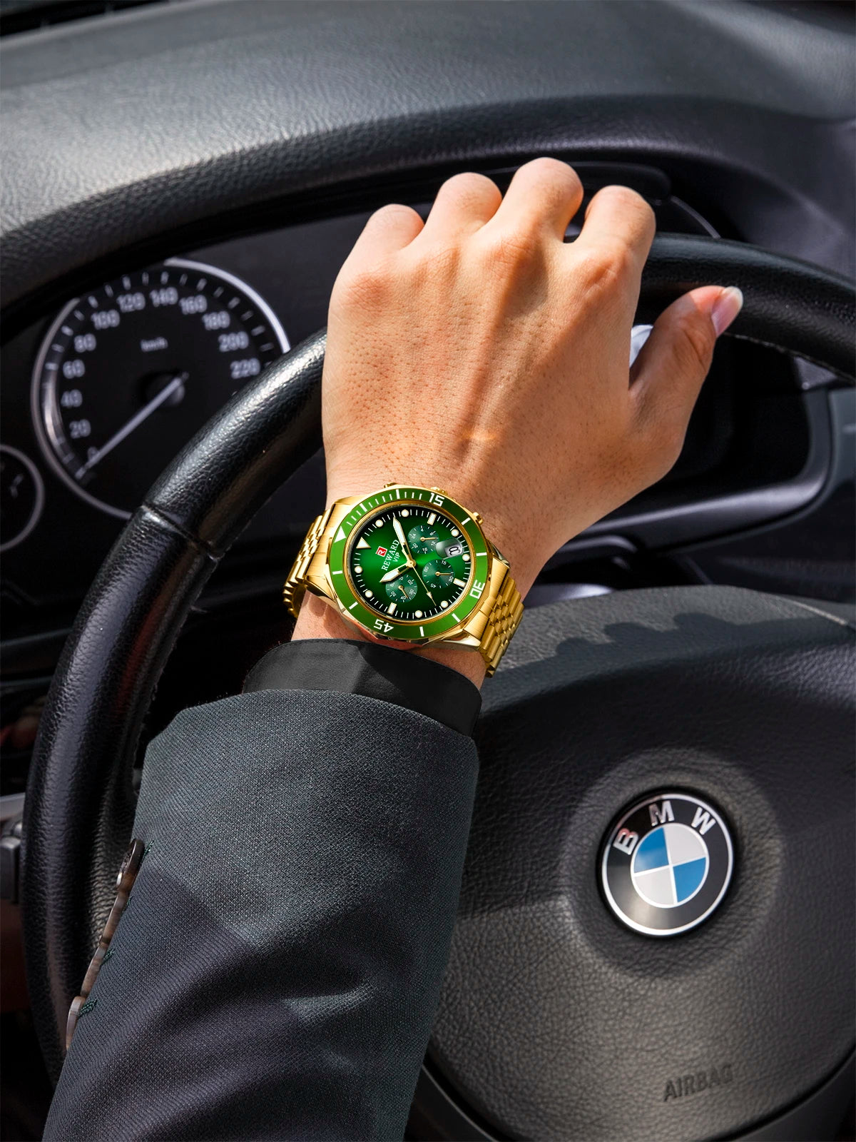 REWARD Gold Green Men's Watches Stainless Steel Band Fashion Business Quartz Watch Relogio Masculino Wristwatch For Men Gift