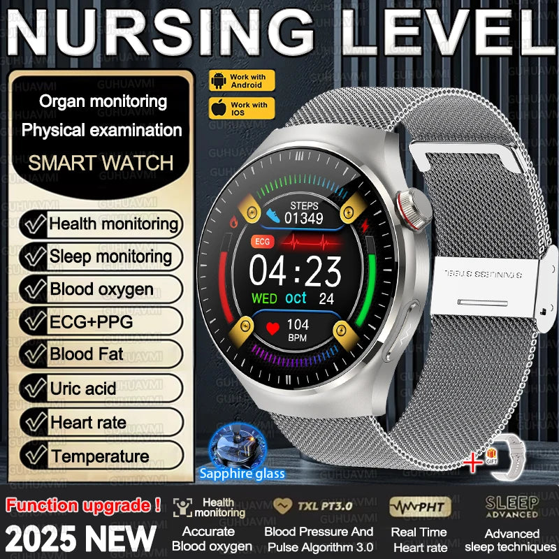 2025 New Nursing Grade Smart Watch Accurate Blood pressure Blood fat Uric Acid ECG+PPG HD Bluetooth Call Health Smart watch Men