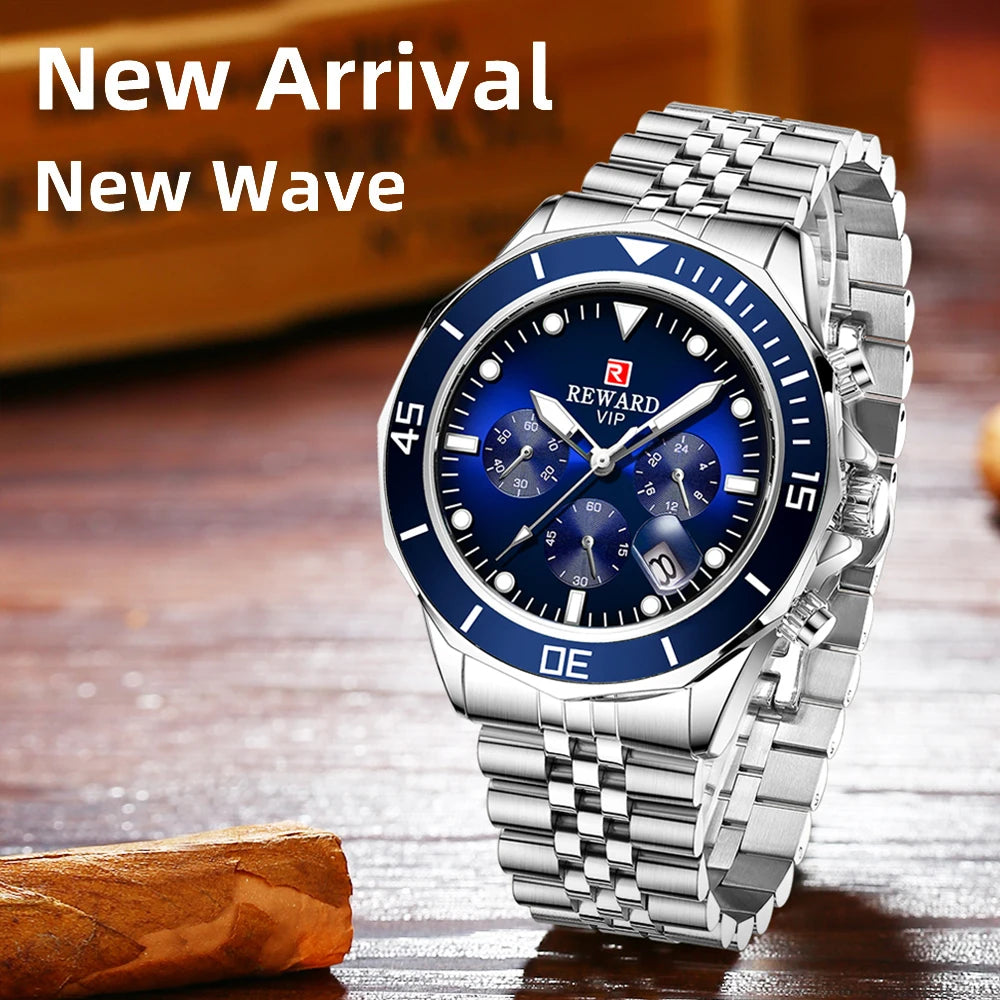 REWARD Gold Green Men's Watches Stainless Steel Band Fashion Business Quartz Watch Relogio Masculino Wristwatch For Men Gift