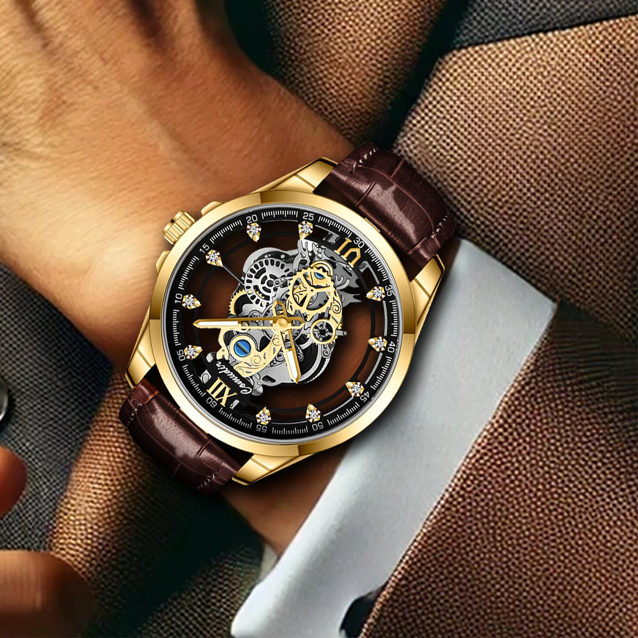 New Men's Watch with Golden Brown Belt, Fashionable and Handsome Style, Gear Hollow Luminous Quartz Watch