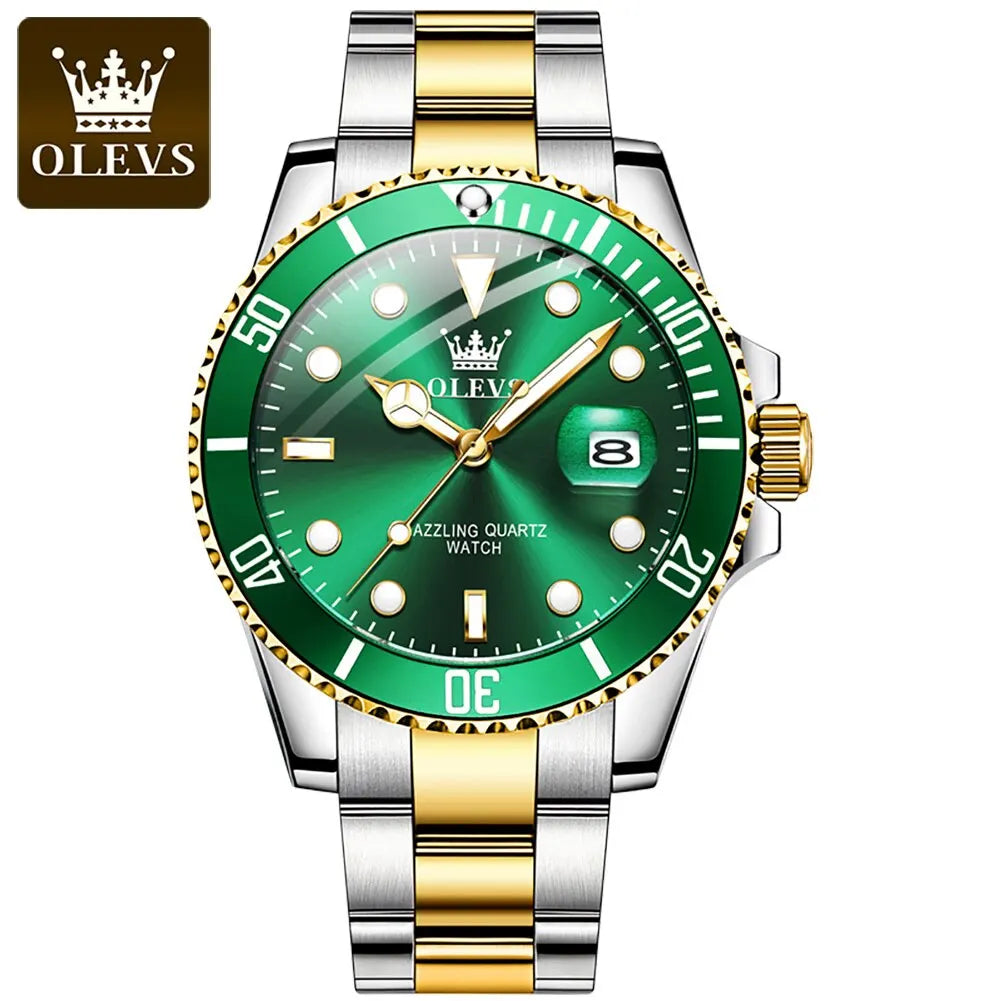 OLEVS Top Original Men Quartz Watch Green Waterproof Watch for Men Stainless Steel Quartz Men Luxury Watch Luminous Wristwatch