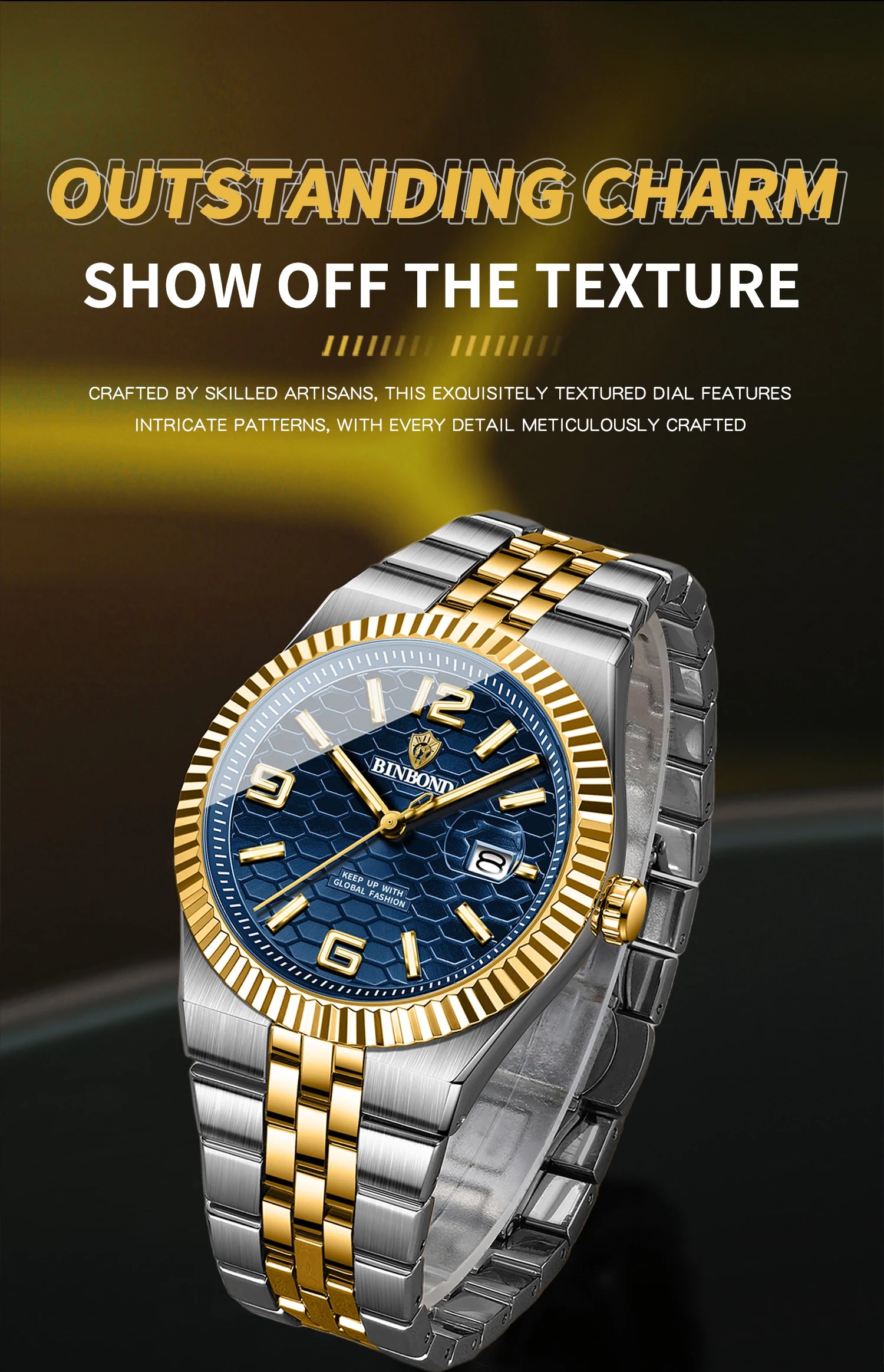 BINBOND Men's Quartz Watch Classic Style Waterproof Luminous Date Display Stainless Steel Wristwatch For Male