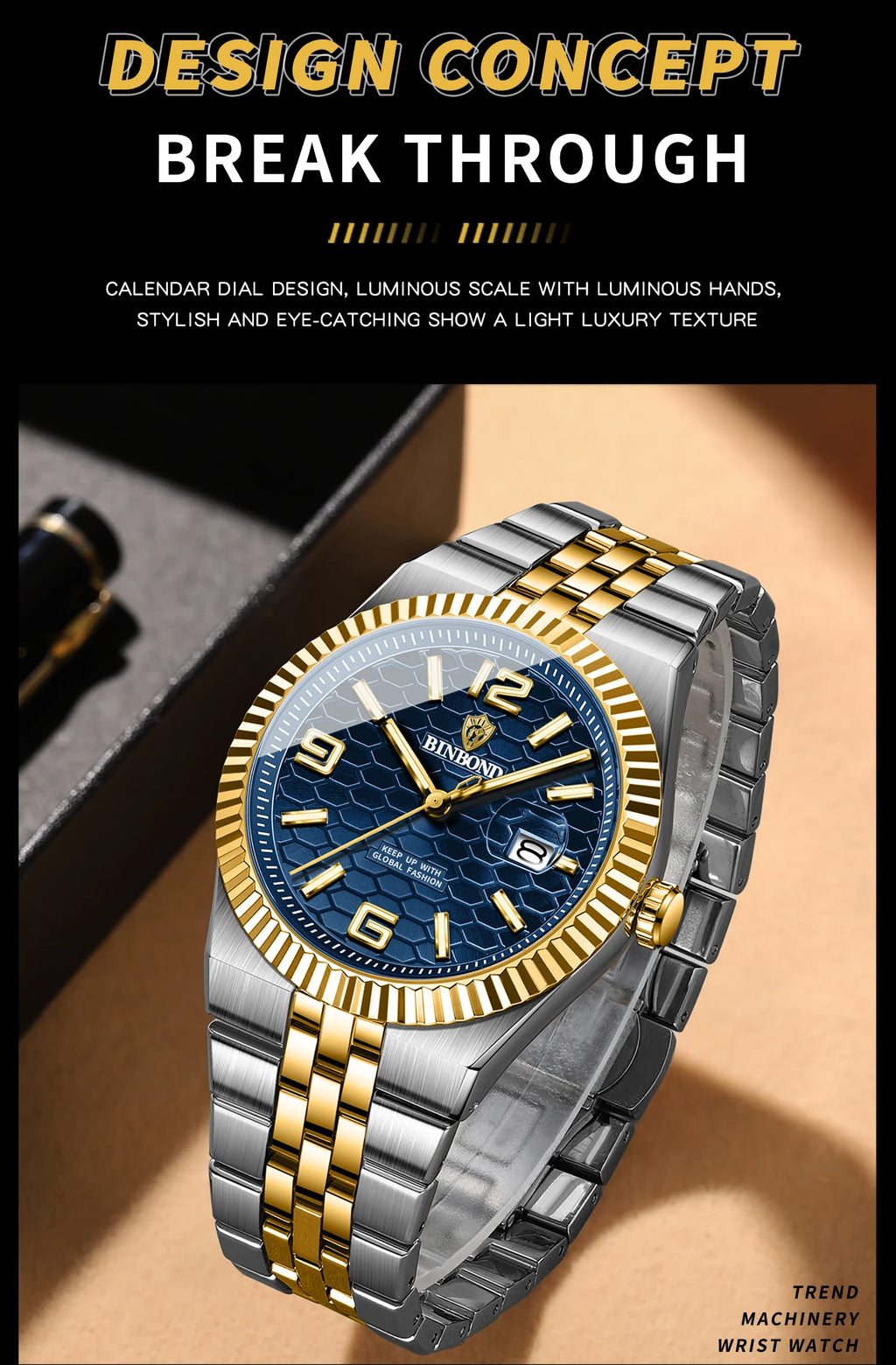 BINBOND Men's Quartz Watch Classic Style Waterproof Luminous Date Display Stainless Steel Wristwatch For Male