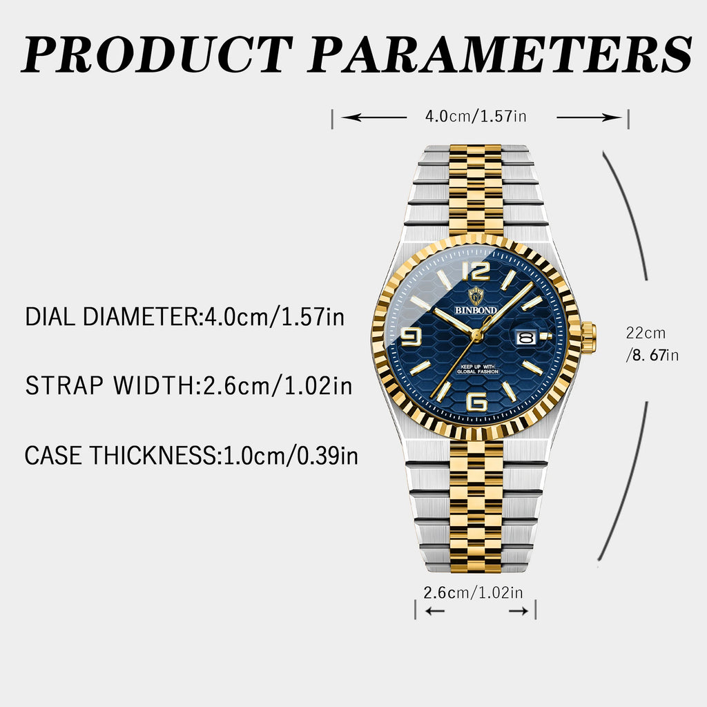 BINBOND Men's Quartz Watch Classic Style Waterproof Luminous Date Display Stainless Steel Wristwatch For Male