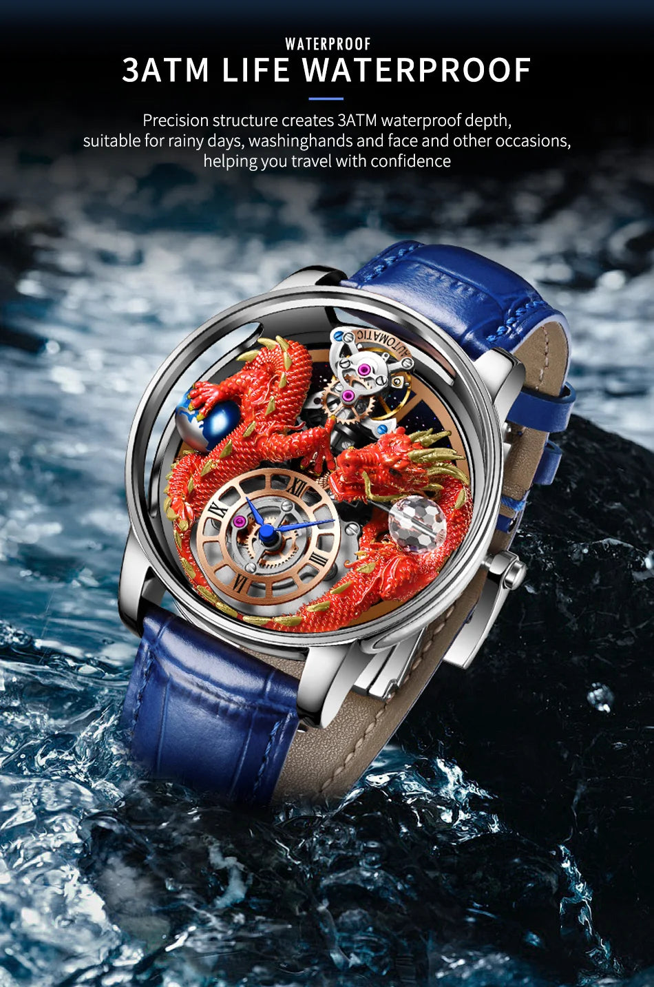 2024 PINDU New Men's Watch Traditional Handmade Dragon Quartz Watch Curved Mirror Fully Transparent Design Watch+Box