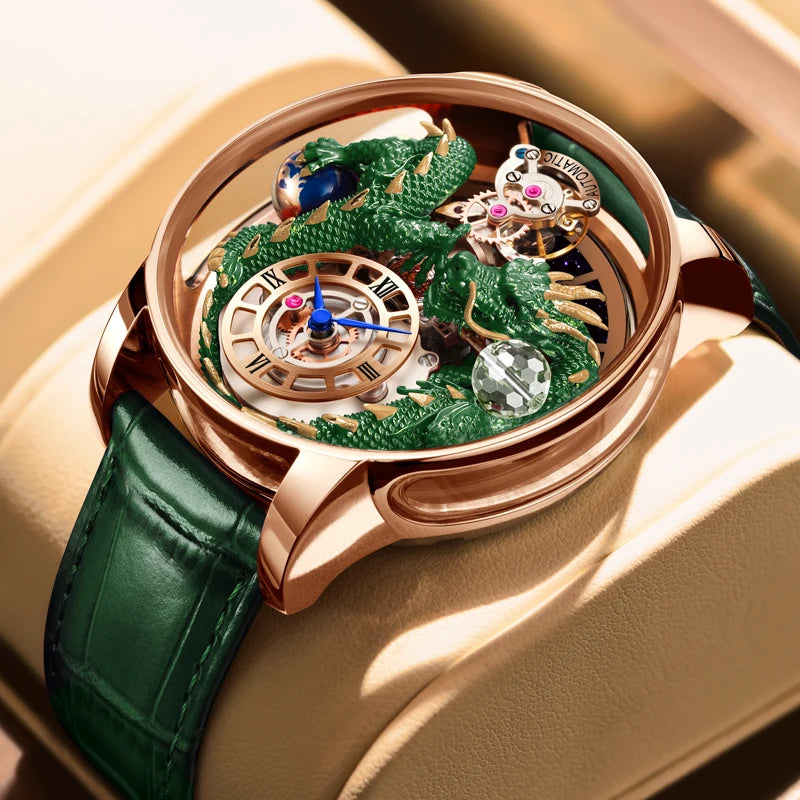 2024 PINDU New Men's Watch Traditional Handmade Dragon Quartz Watch Curved Mirror Fully Transparent Design Watch+Box