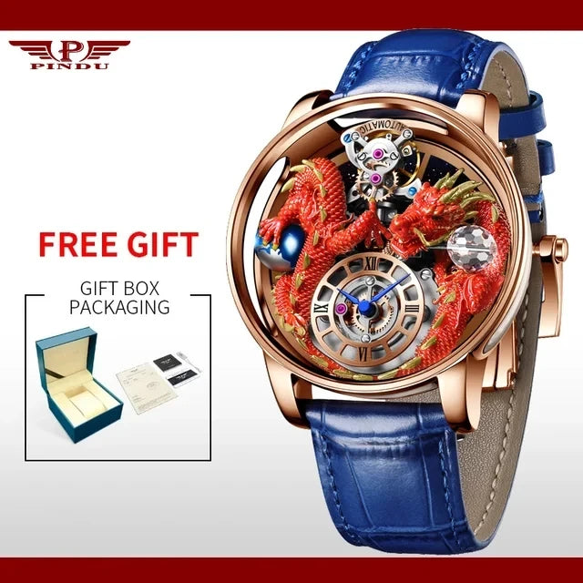 2024 PINDU New Men's Watch Traditional Handmade Dragon Quartz Watch Curved Mirror Fully Transparent Design Watch+Box