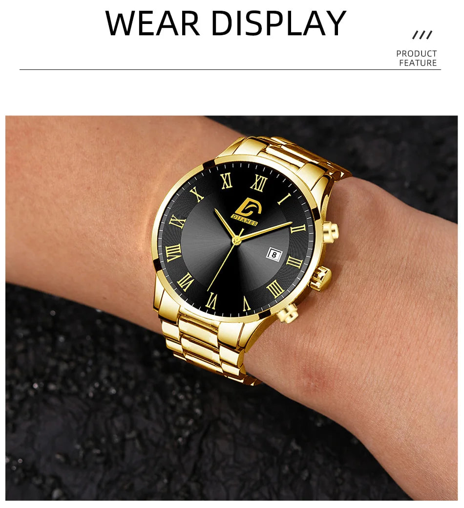 Fashion Mens Gold Watches Luxury Minimalist Quartz Wrist Watch Men Business Casual Calendar Watch Reloj Hombre