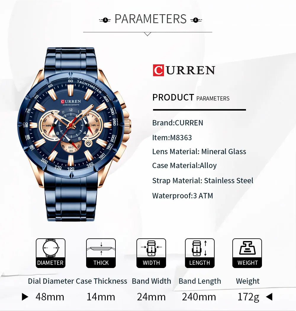 Curren 8363 Men Watch Business Casual Fashion Wristwatch 6-Hand Chronograph Quartz Luxury Relogio Masculino