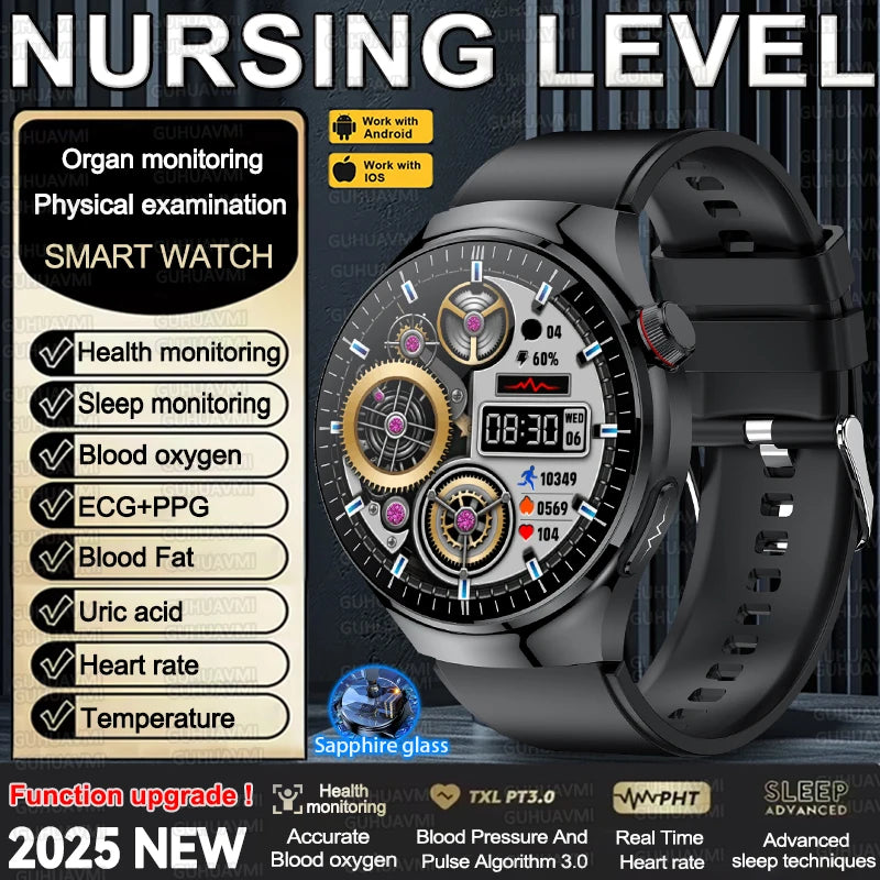 2025 New Nursing Grade Smart Watch Accurate Blood pressure Blood fat Uric Acid ECG+PPG HD Bluetooth Call Health Smart watch Men