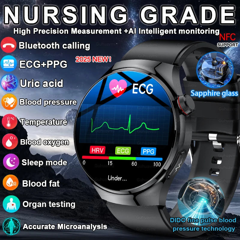 2025 New Nursing Grade Smart Watch Accurate Blood pressure Blood fat Uric Acid ECG+PPG HD Bluetooth Call Health Smart watch Men