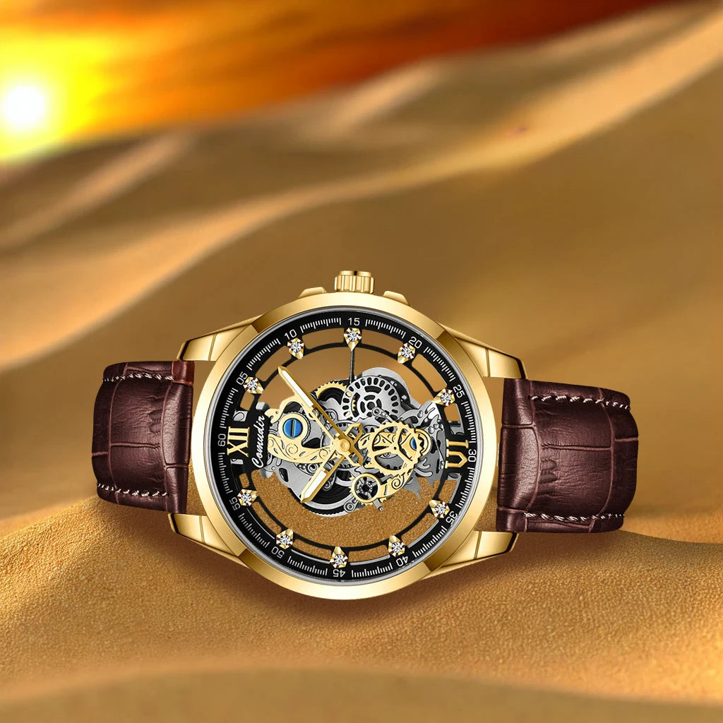 New Men's Watch with Golden Brown Belt, Fashionable and Handsome Style, Gear Hollow Luminous Quartz Watch