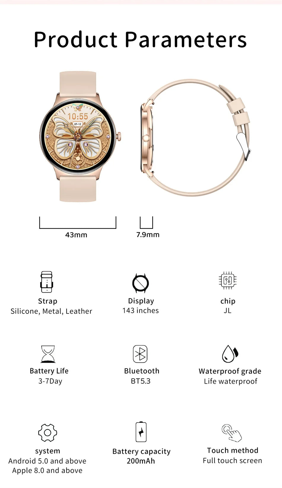 For Huawei New Ultra Slim AMOLED Smart Watch Women Screen Always Display Time Heart Rate BT Calling High-end Fashion Smartwatch