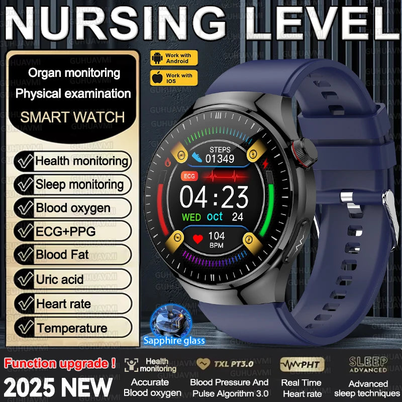 2025 New Nursing Grade Smart Watch Accurate Blood pressure Blood fat Uric Acid ECG+PPG HD Bluetooth Call Health Smart watch Men