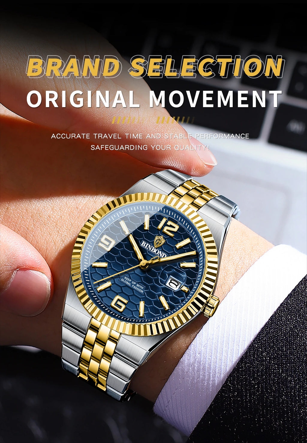 BINBOND Men's Quartz Watch Classic Style Waterproof Luminous Date Display Stainless Steel Wristwatch For Male